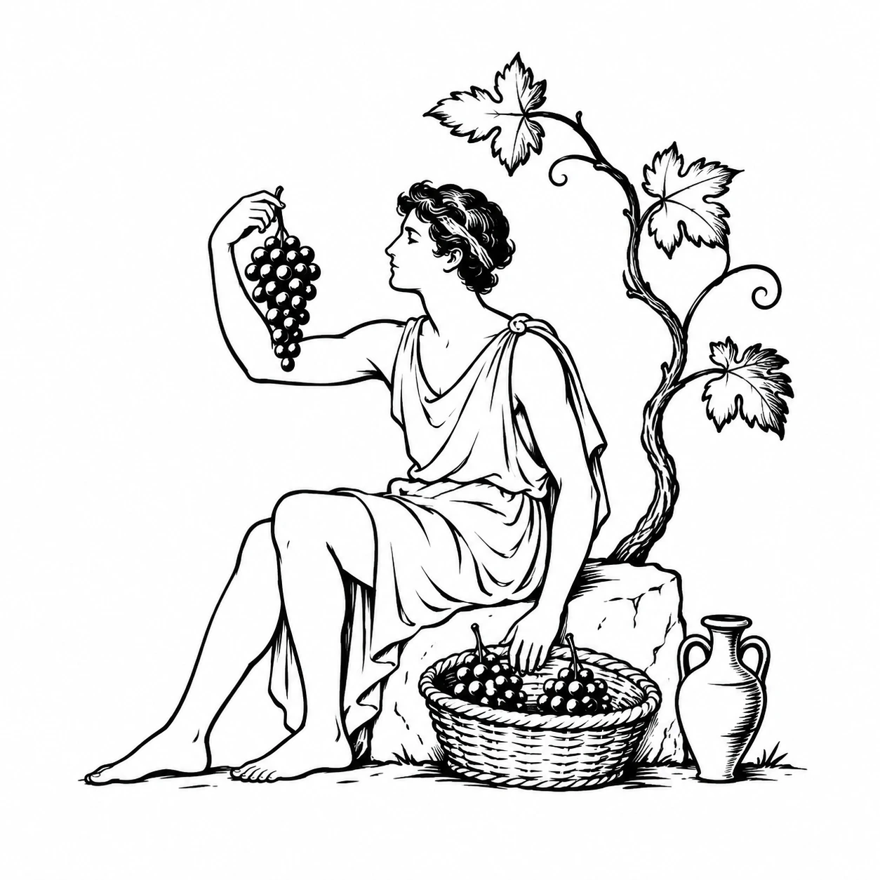 METCH Greek harvest artwork with a seated figure, grapes and amphora