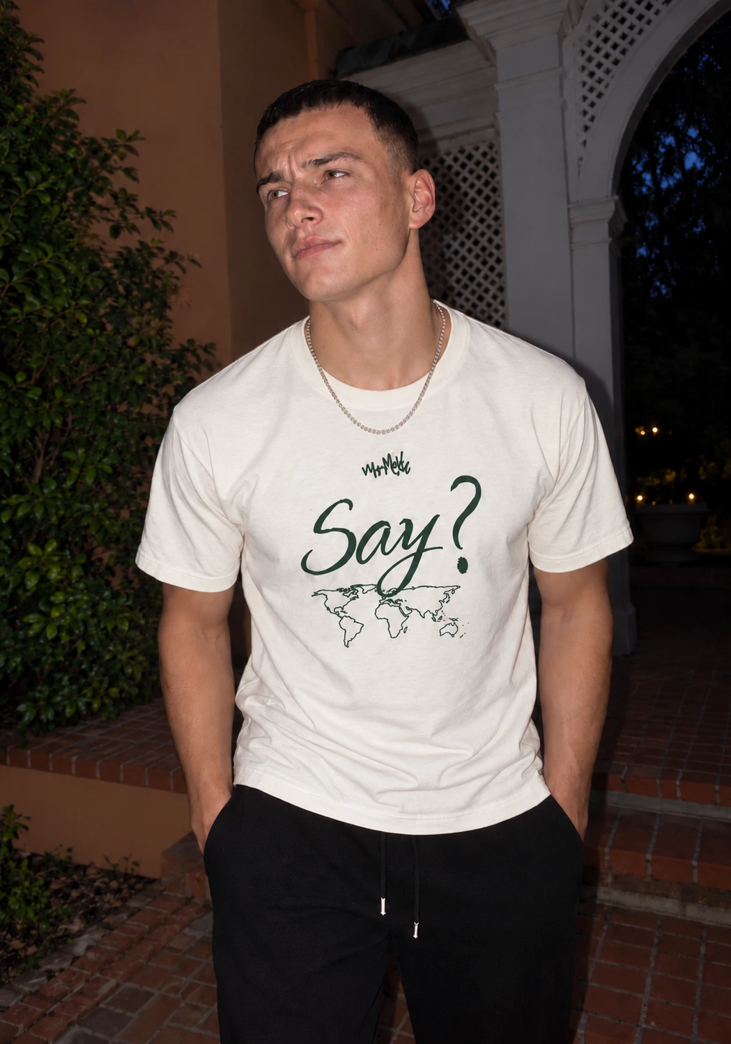 METCH Say? tee photographed after dark at a garden entrance